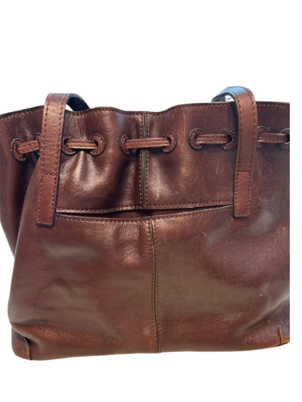 Patricia Nash Witney leather drawstring shoulder tote in a rich British Tan